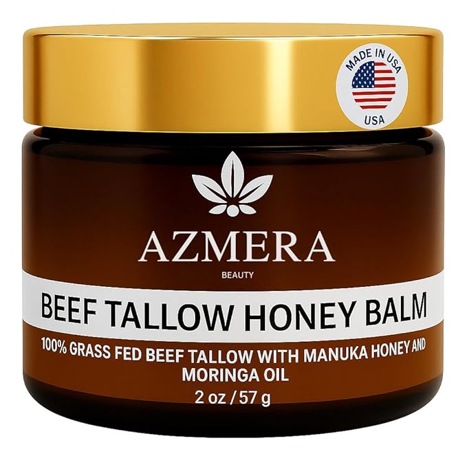 Azmera Beauty 100% Grass-Fed Beef Tallow Balm For Skin Manuka Honey MGO 263+, Organic Beeswax & Olive Oil – Handmade All-Natural Skincare for Soft, Smooth Skin (2oz, Unscented + Moringa oil)