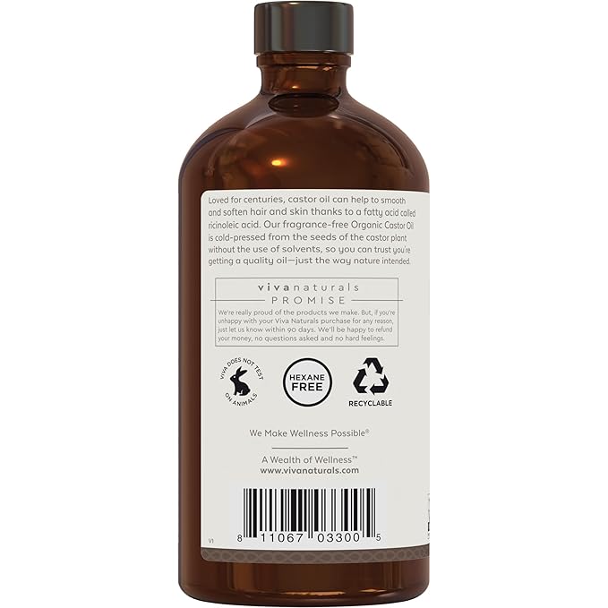 Viva Naturals Organic Castor Oil, Cold-Pressed, 16 fl oz – For Face, Hair, Eyelashes, USDA Organic, Non-GMO - Glass Bottle