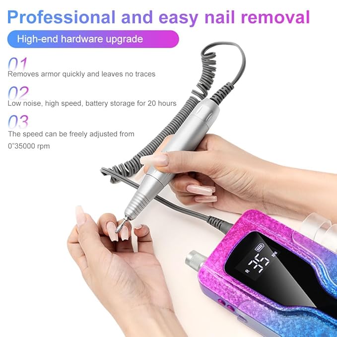 ANRLO Professional Electric Nail Drill, 45000 RPM Cordless Rechargeable E-File Machine, with 12 Bits, Sanding Bands, LCD Display for Acrylic Gel Nails (DMJ-BLY-P40-Purple)
