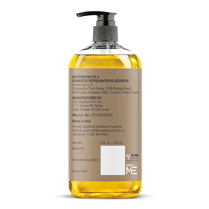 Majestic Pure Organic Castor Oil 8 Fl Oz - 100% Pure and Natural - Premium Grade Carrier Oil - Hair, Eyelashes and Eyebrows - Hair Oil and Body Oil - Cold Pressed - Hexane Free