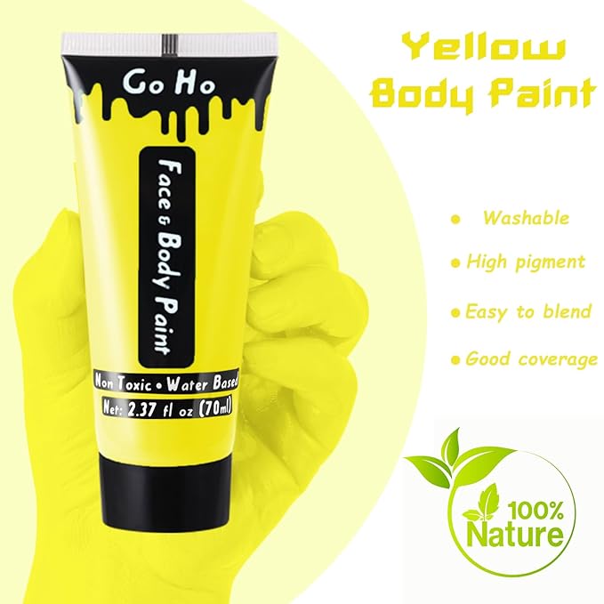 Go Ho Yellow Face Body Paint Washable(2.37oz/pc),Water Based Cream Full Yellow Body Paint for Monster Minions Lion Tiger SFX Cosplay Costumes Festivals Halloween Makeup