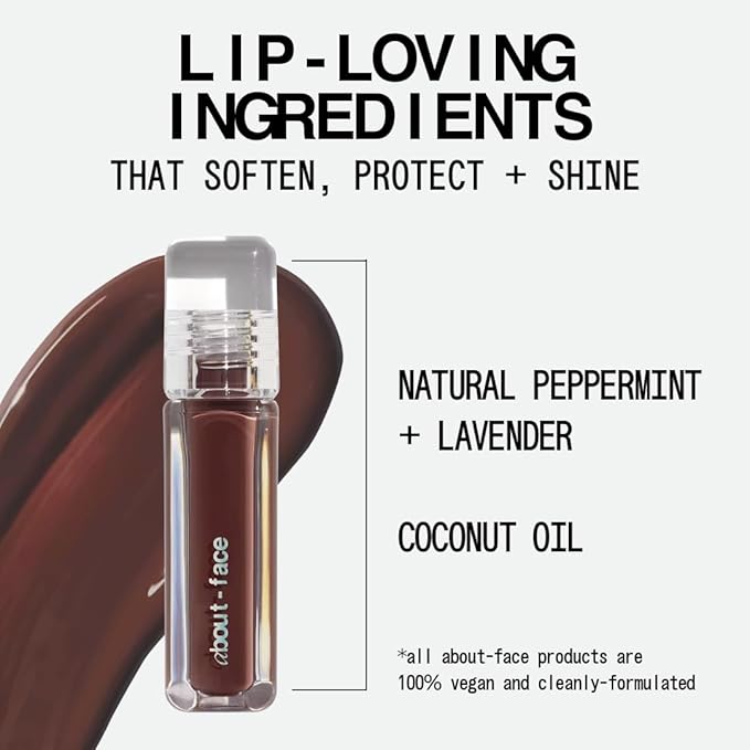 about-face Light Lock Lip Gloss Scorcher – Non-Sticky, High-Shine Lip Oil Gloss with Coconut Oil, Peppermint & Lavender – Vegan, Cruelty-Free, Clean Beauty – 0.21 oz (Cinnamon)