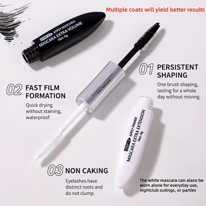 Black and White Waterproof Mascara, 1 Mascara with 2 Colors, Long Lasting, No Smudge,Volume and Length