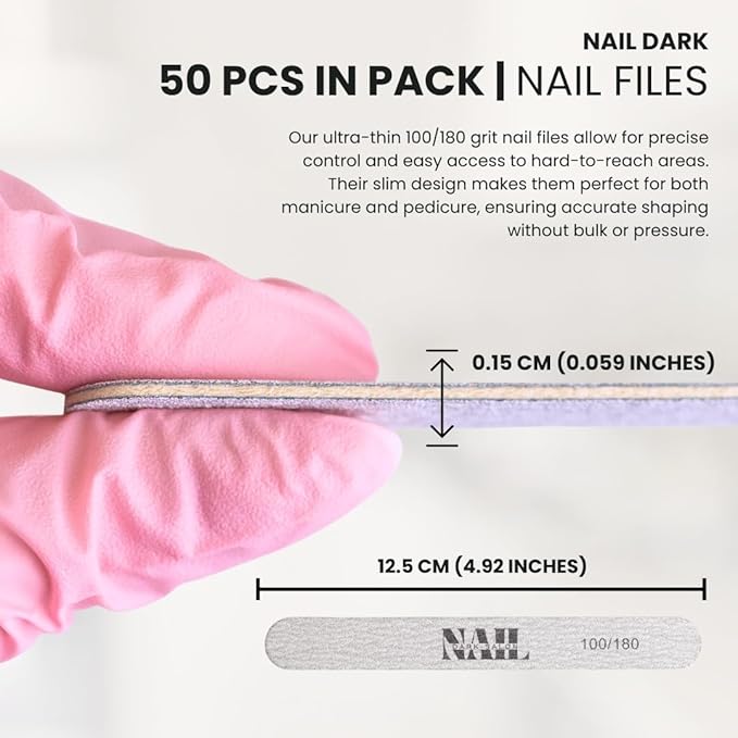 Nail Dark Professional Nail Files 100/180 Grit (Pack of 50) | Ultra-Thin Dual Sided Emery Boards for Manicure & Pedicure | Strong, Flexible Salon Grade Nail Shaping Tools