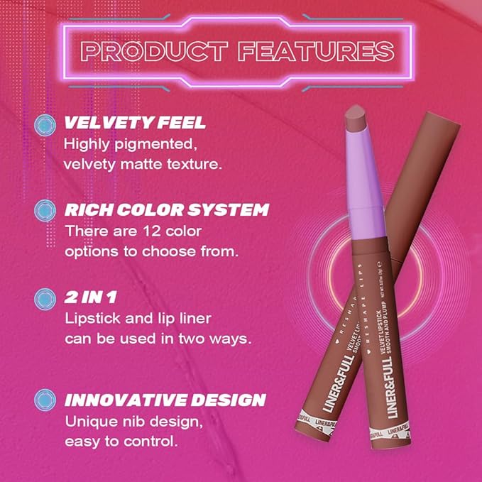 SUAKE 2-IN-1 Lipstick Lipliner, Velvet Matte Finish, Smooth & Plump, 12 Universal Lip Color-Nude Pink Rose Mauve Berry Plum, Creamy Formula for Lip Makeup, All-Day Wear, Cruelty-Free (#05 SILK PETAL)