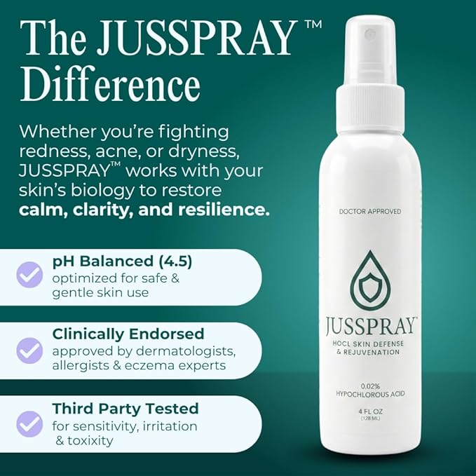 JusSpray™ Hypochlorous Acid Skin Defense Mist – 4 oz Spray for Sensitive Skin, Acne, Comfort & Piercing Aftercare, Gentle Face & Body Toner, Redness Reduction, Suitable for All Skin Types