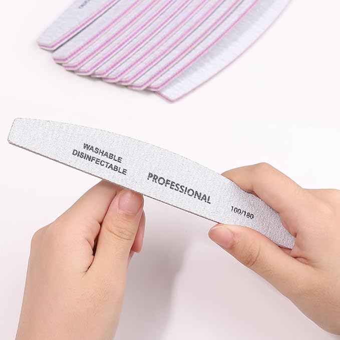Klimonla 25PCS Professional Half Moon Emery Board Nail Files, 100/180Grit Dual-Sided Buffer, Reusable Nail Filing Tools for Natural & Acrylic Nails, Home & Salon Manicure Supplies
