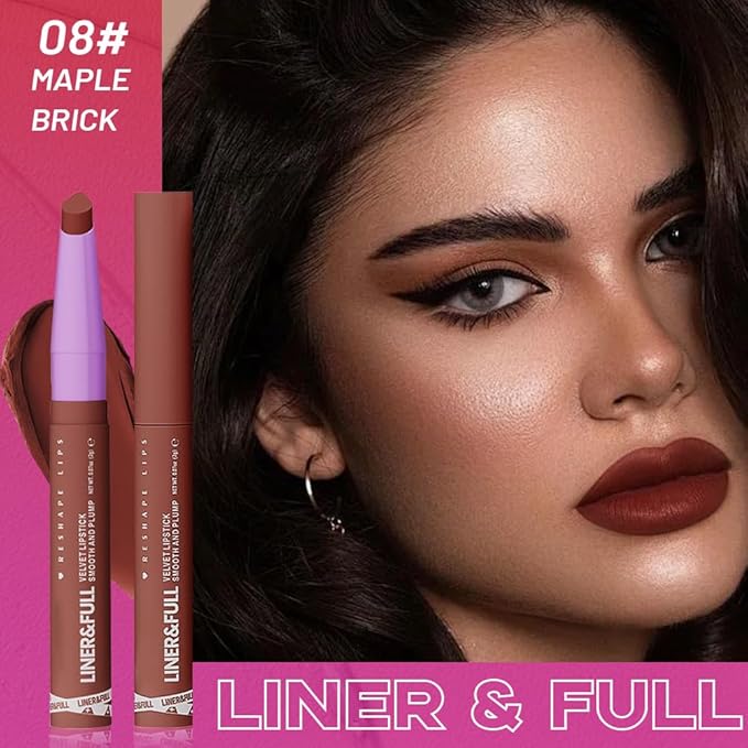 2-IN-1 Lipstick Lipliner, Velvet Matte Finish, Smooth & Plump, 12 Universal Lip Color-Nude Pink Rose Mauve Berry Plum, Creamy Formula for Lip Makeup, All-Day Wear, Cruelty-Free (#08 MAPLE BRICK)