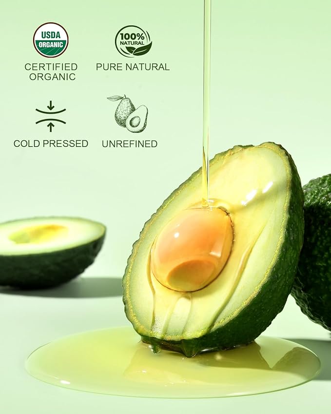 USDA Organic Avocado Oil Cold Pressed 16oz Glass Bottle - Non Greasy Moisturizing Carrier oils for Essential Oils Mixing, Unscented Body oil for Dry Scalp, Hair & Skin Hydrating, aceite para cabello