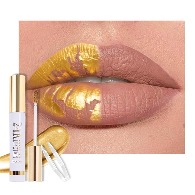 24K Gold Peel Off Matte Liquid Lip Gloss Stain-Lip Liner with Tweezer, Light Brown Peel Off Lip Stain, Long Lasting & Waterproof Lipstick Tattoo, Transfer-Proof Lip Gloss for All Skin Types