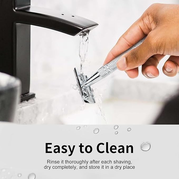 Double Edge Safety Razor with Stand, Single Blade Razors for Men and Women, Reusable Metal Razor, with 10 Double Edge Blades, Smooth and Close Shave, Shiny Silver