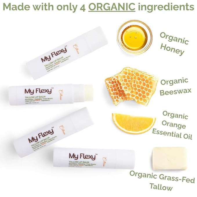 100% Organic Lip Balm Hydrating, Grass-Fed Beef Tallow Lip Balm, Made with Pasture Raised Tallow, Honey, Beeswax, & Orange Essential Oil, Lip Balms & Moisturizers - 1 Pack