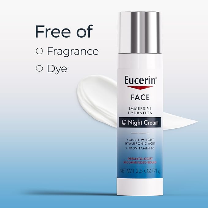 Eucerin Face Immersive Hydration Night Cream with Hyaluronic Acid and Provitamin B5, Face Moisturizer Smooths Fines Lines and Wrinkles, Holiday Gifts for Self Care, 2.5 Oz Bottle