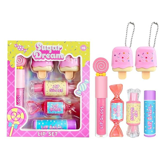 M&U MAKE YOU UP MU 6pc Candy Sweet Lip Gloss Set for Kids - 1 Straight Stick, 2 Ice Cream and 2 Candy Balms, Non-Toxic Girls Birthday Gift, Fun Theme Party Favors