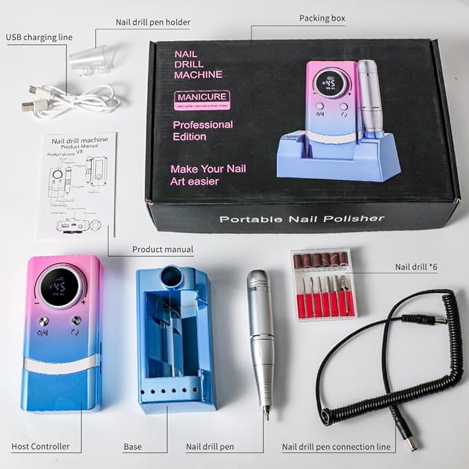 ANRLO Professional Electric Nail Drill, 45000 RPM Cordless Rechargeable E-File Machine, with 12 Bits, Sanding Bands, LCD Display for Acrylic Gel Nails (DMJ-V8-Color-USB)