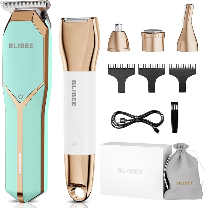 BLIBEE Hair Clippers & 1 Bikini Trimmer - Waterproof Electric Clippers & 4 in 1 Bikini Trimmer Set, Deluxe Wet/Dry Body Shaver for Nose Eyebrows Beard Pubic Hair, Green