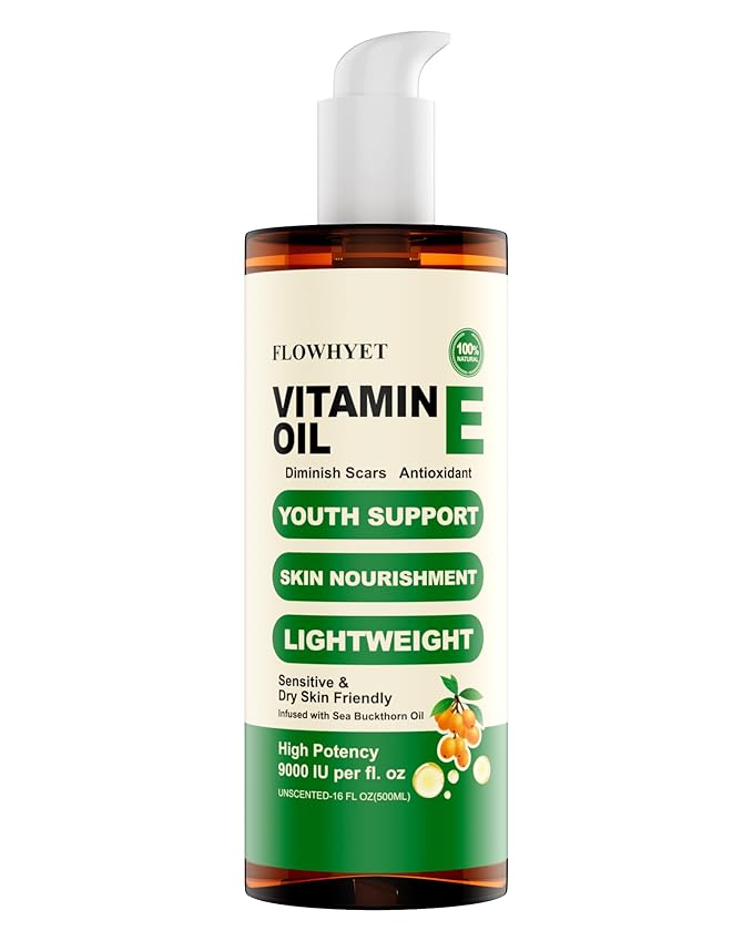 FLOWHYET 16 Floz Pure Vitamin E Oil For Scars, Organic vit e Nail Oil for Face, Skin, Body and Hair, Nourish Dry Skin, Maintain Youthful, Antioxidant, Fade Scars LIGHTWEIGHT - 500ml