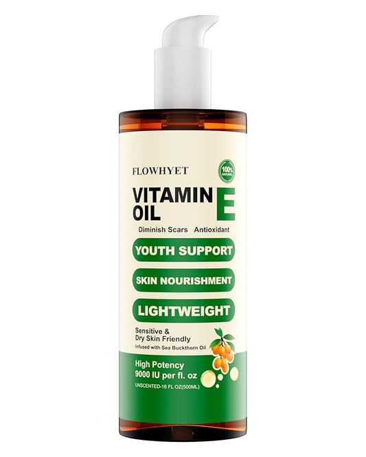 FLOWHYET 16 Floz Pure Vitamin E Oil For Scars, Organic vit e Nail Oil for Face, Skin, Body and Hair, Nourish Dry Skin, Maintain Youthful, Antioxidant, Fade Scars LIGHTWEIGHT - 500ml