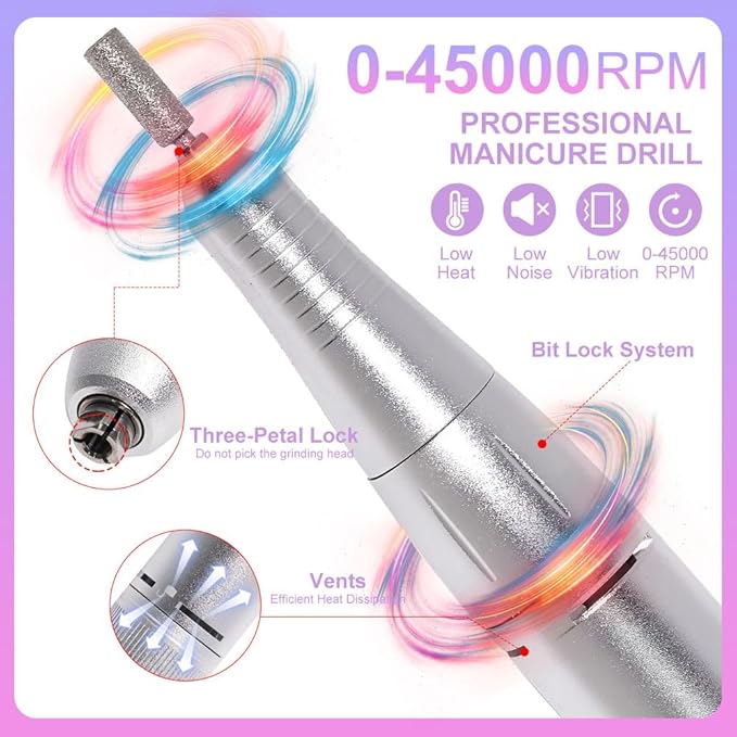 ANRLO Professional Electric Nail Drill, 45000 RPM Cordless Rechargeable E-File Machine, with 12 Bits, Sanding Bands, LCD Display for Acrylic Gel Nails (DMJ-V4-purple-USB)