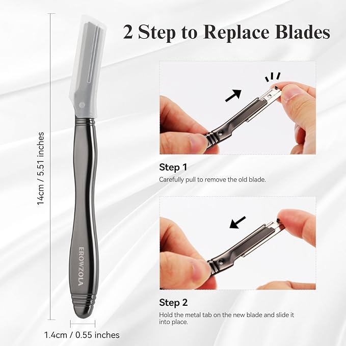EROWZOLA Eyebrow Razor for Women and Men, Face Razors for Women, Dermaplane Razor with Protective Silicone Cover, Reusable Metal Handle with 6 Refill Blades, Skin Care Tool - Matte Black
