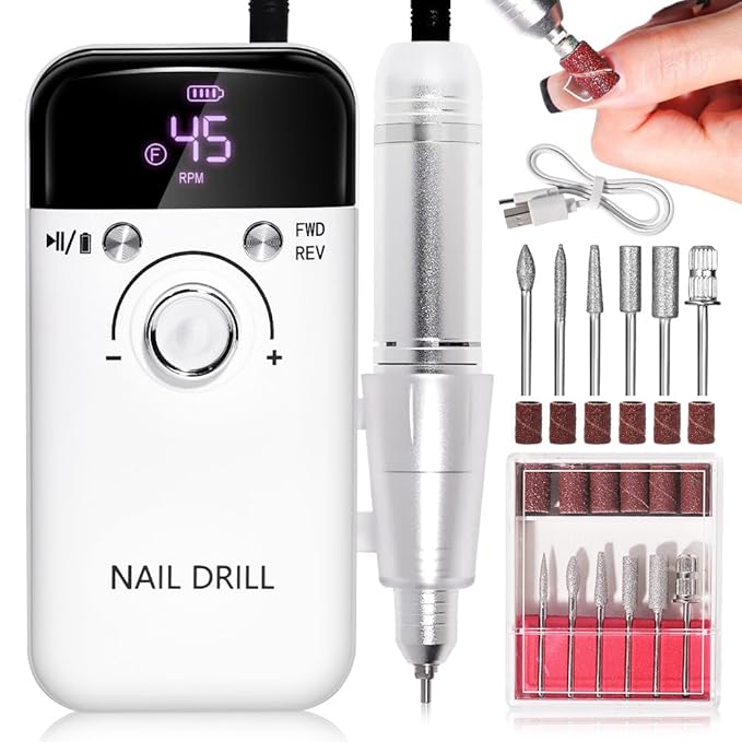 ANRLO Professional Electric Nail Drill, 45000 RPM Cordless Rechargeable E-File Machine, with 12 Bits, Sanding Bands, LCD Display for Acrylic Gel Nails (DMJ-V6-WHITE-USB)