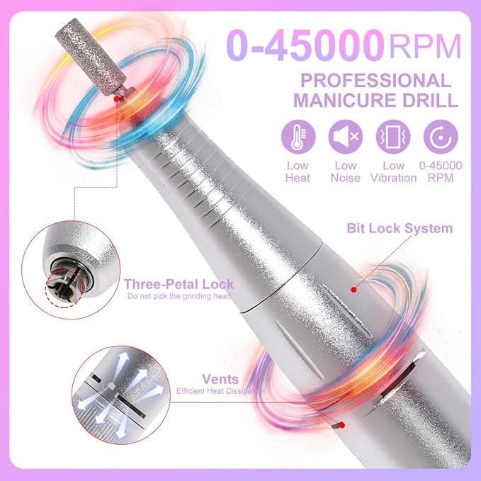 ANRLO Professional Electric Nail Drill, 45000 RPM Cordless Rechargeable E-File Machine, with 12 Bits, Sanding Bands, LCD Display for Acrylic Gel Nails (DMJ-V7-Color-USB)
