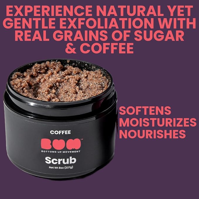 BUM Coffee Sugar Scrub for Body - Coffee Scrub Body Exfoliator with Organic Shea, Coconut Oil, Rosehip, Vitamin E & Jojoba - Moisturizing, Seductively Scented & Subtly Flavored Exfoliant (8 oz)