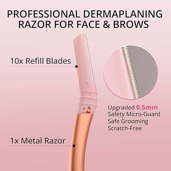 Mistfree Dermaplane Razor for Women Face, Eyebrow Razor Refills with 10 Razor Head, Reusable Face Razors, Professional Dermaplaning Tool for Exfoliation, Peach Fuzz Removal, Eyebrow Shaping