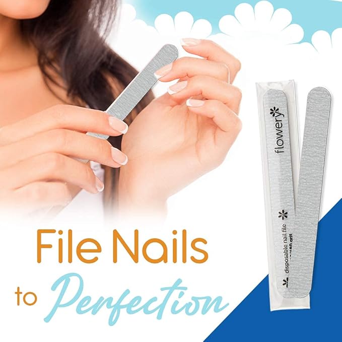 Flowery Nail File 100/180 Grit for Acrylic Nails, Double-Sided Nail Files, Disposable Emery Boards, Manicure Kit, Cushion Core, Silver, 100-Pack