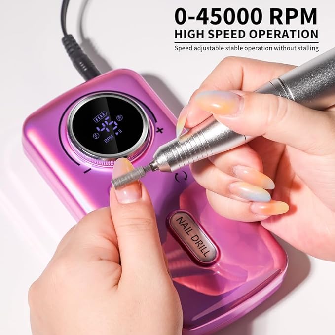 ANRLO Professional Electric Nail Drill, 45000 RPM Cordless Rechargeable E-File Machine, with 12 Bits, Sanding Bands, LCD Display for Acrylic Gel Nails (DMJ-V1-Purple)