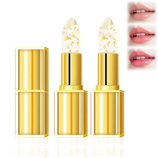 Transferproof Color Changing Lipstick, Gold Foil Moisturizing Glossy Shine Lip Gloss, Gold Crystal Color Changing Lipstick, Warm Change Color Change Lip Stick for Women Deep Nourishment (2Pcs)