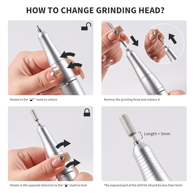 ANRLO Professional Electric Nail Drill, 45000 RPM Cordless Rechargeable E-File Machine, with 12 Bits, Sanding Bands, LCD Display for Acrylic Gel Nails (Metallic Gray)