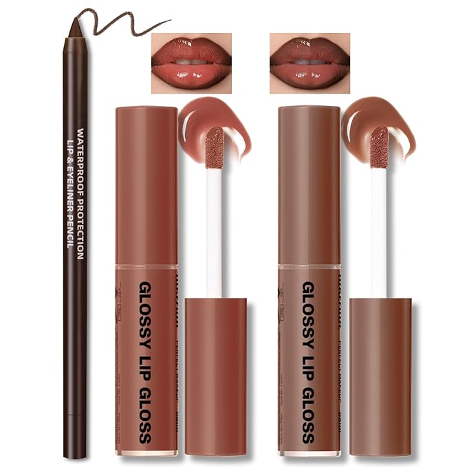 2 Colors Nourishing Lip Gloss Brown Lip Liner Combo, Hydration Plumping Lip Glow Oil Set for Women, Moisturizing Lightweight Long Lasting High Shine Lip Tint, Mini Liquid Lipstick Makeup Kit
