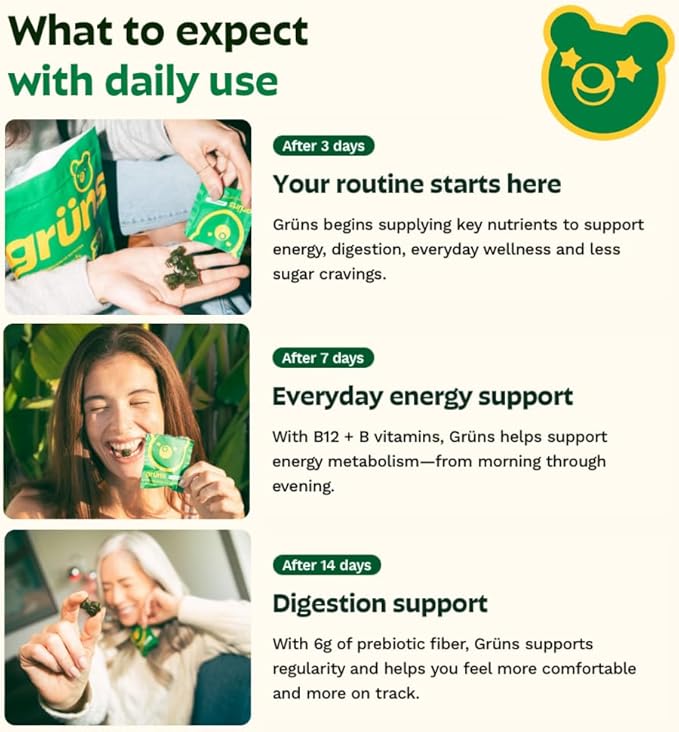 Gruns Adult Sugar-Free Super Greens Gummies, Superfood Vitamin Gummy Bears with Spirulina, Chlorella, Fiber & Prebiotics for Digestive Health, Adaptogens Supplement, 20 Vitamins & Minerals, 28 packets