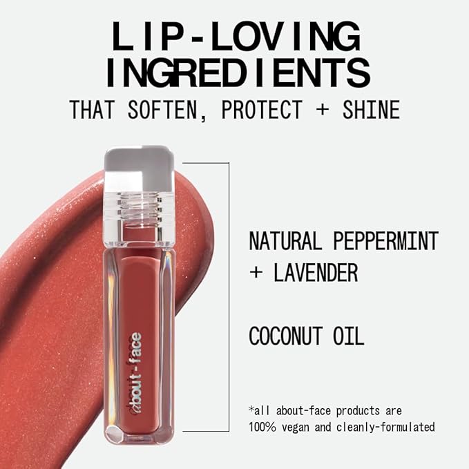 about-face Light Lock Lip Gloss Angel On Fire – Non-Sticky, High-Shine Lip Oil Gloss with Coconut Oil, Peppermint & Lavender – Vegan, Cruelty-Free, Clean Beauty – 0.21 oz (Iced Mauve)