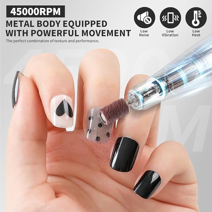 ANRLO Professional Electric Nail Drill, 45000 RPM Cordless Rechargeable E-File Machine, with 12 Bits, Sanding Bands, LCD Display for Acrylic Gel Nails (DMJ-V9-Gray-USB)