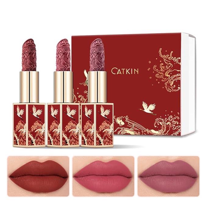 Catkin Lipstick Gift Set for Women, Full Coverage Velvet Semi-Matte Finish, Long Lasting Weightless with Hydrating Smooth Creamy Texture 0.13 oz x 3pcs