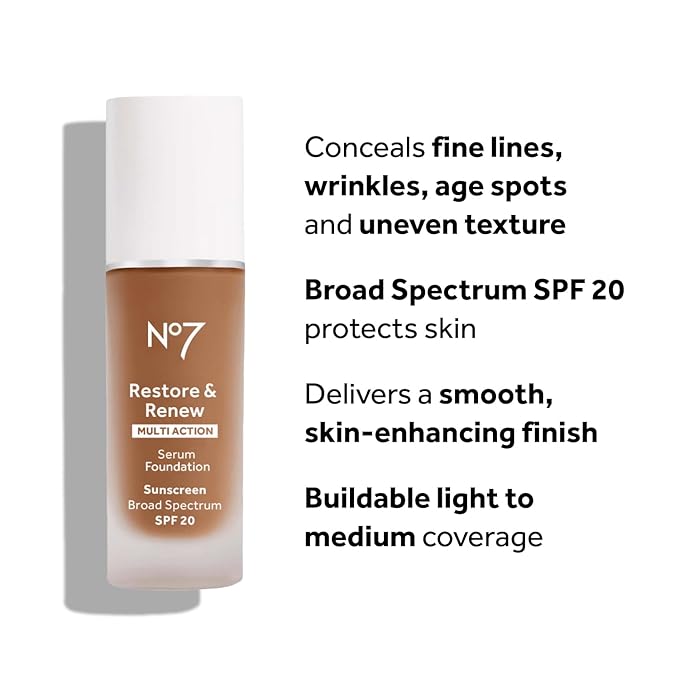 NO.7 No7 Restore & Renew Multi Action Serum Foundation - Cedar Liquid Makeup with Vitamin C, E Collagen for Face Beauty Skin Formula Medium Coverage (30ml) 1 Fl Oz 0.16 pounds