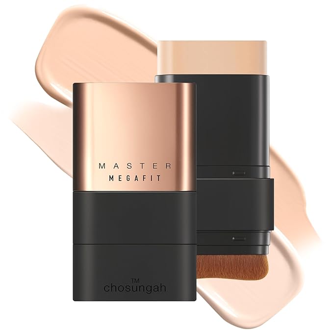 Mega Fit Master Glow Stick Foundation with Brush, 120H Long Lasting Radiant Coverage, All-in-One Stick for Easy Application, K-Beauty, Shade 21, 0.56oz (01N Beige)