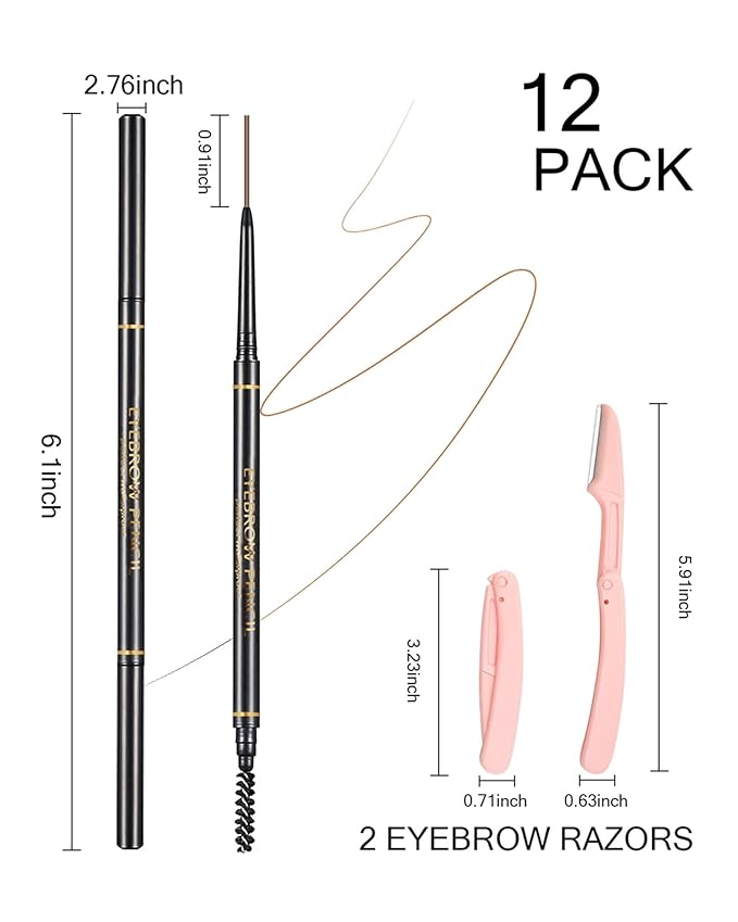 SUMEITANG Medium Brown Eyebrow Pencils for Women, 12Pcs Ultra Slim Eyebrow Pencil with 2 Brow Razors Kit, Double Head 1.5mm Micro-Fine Tip & Spiral Brush, Can Draw Fine and Long-Lasting Brows Makeup