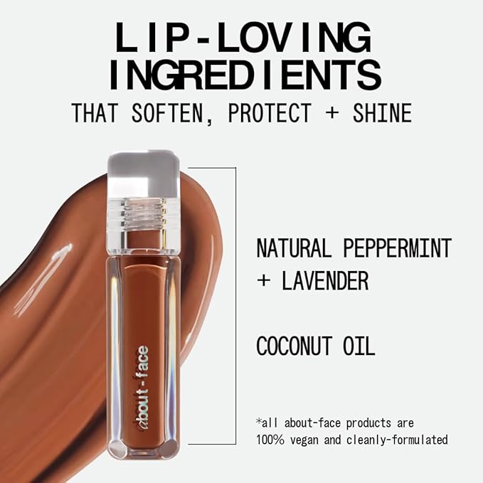 about-face Light Lock Lip Gloss Bitter Half – Non-Sticky, High-Shine Lip Oil Gloss with Coconut Oil, Peppermint & Lavender – Vegan, Cruelty-Free, Clean Beauty – 0.21 oz (Rich Espresso)