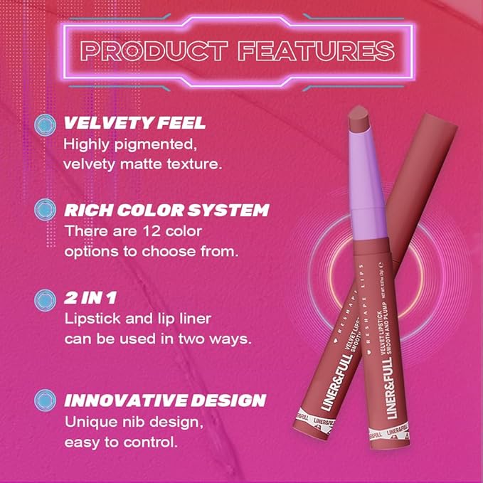 2-IN-1 Lipstick Lipliner, Velvet Matte Finish, Smooth & Plump, 12 Universal Lip Color-Nude Pink Rose Mauve Berry Plum, Creamy Formula for Lip Makeup, All-Day Wear, Cruelty-Free (#02 PINK VOLTAGE)