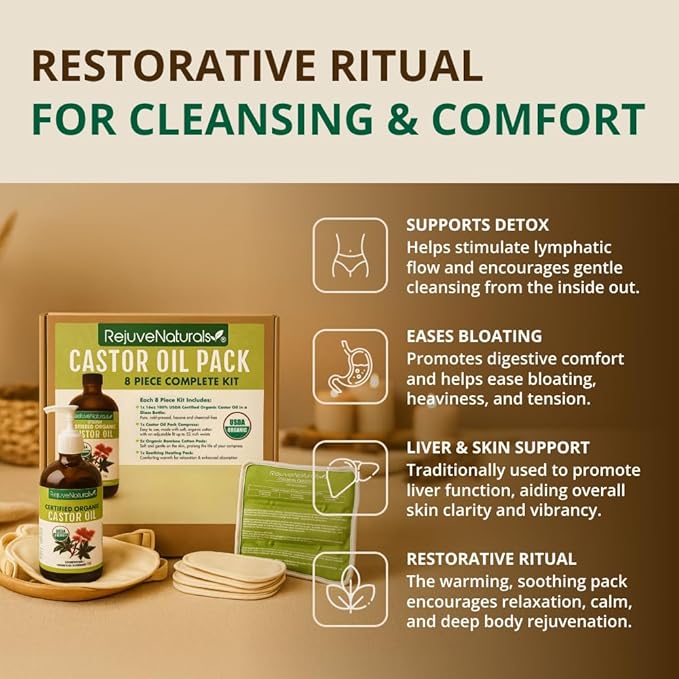 Castor Oil Pack - 8 Piece Complete Kit. Includes 16oz Glass Bottle of Organic Castor Oil, Easy to use Organic Cotton Compress with Adjustable Fit, 5 Soft Cotton Pads & Soothing Heat Pack..