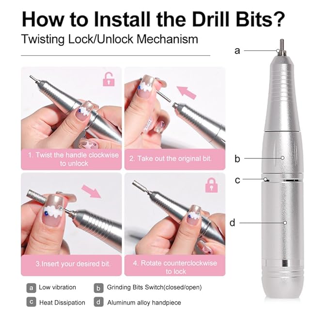ANRLO Professional Electric Nail Drill, 45000 RPM Cordless Rechargeable E-File Machine, with 12 Bits, Sanding Bands, LCD Display for Acrylic Gel Nails (DMJ-V2-USB-PINK)