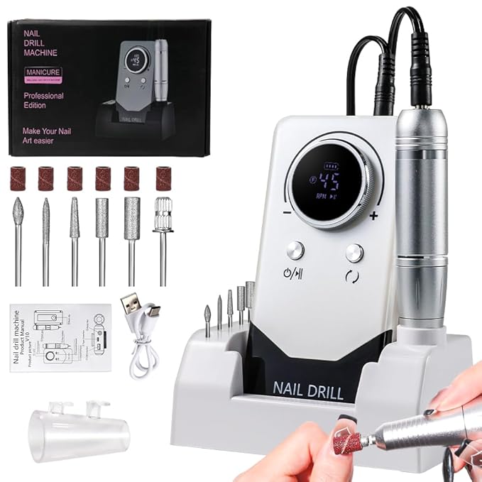 ANRLO Professional Electric Nail Drill, 45000 RPM Cordless Rechargeable E-File Machine, with 12 Bits, Sanding Bands, LCD Display for Acrylic Gel Nails (DMJ-V10-White-USB)