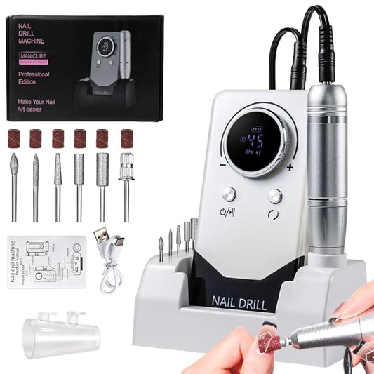 ANRLO Professional Electric Nail Drill, 45000 RPM Cordless Rechargeable E-File Machine, with 12 Bits, Sanding Bands, LCD Display for Acrylic Gel Nails (DMJ-V10-White-USB)