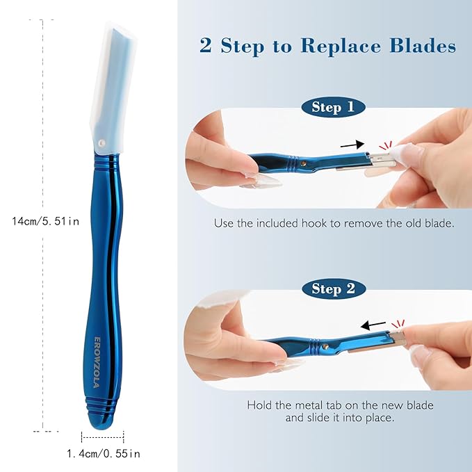EROWZOLA Eyebrow Razor for Women and Men, Face Razors for Women, Dermaplane Razor with Protective Silicone Cover, Reusable Metal Handle with 6 Refill Blades, Skin Care Tool - Blue