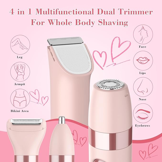 Hatteker 4-in-1 Women's Electric Razor, Dual-Head Body Hair Trimmer for Women, IPX7 Waterproof Rechargeable Bikini Trimmer & Facial Hair Remover for Legs, Armpits, Face, Nose, Eyebrows, Pink