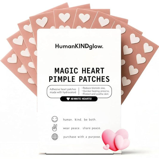 Heart Pimple Patches by HumanKINDglow – 48 Hydrocolloid Acne Patches for Face | Gentle Spot Treatment for Pimples & Blemishes | Cute White Heart Design for Confident, Kind Skin
