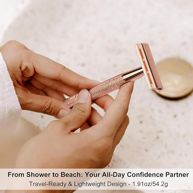 Shiny Rose Gold Safety Razor, Single Blade Razors for Women, with 10 Stainless Steel Double Edge Blades, Reusable Metal Razor, Eco-Friendly, Smooth and Close Shave, Sustainable, Plastic Free
